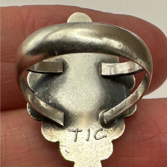 Vintage “TIC” Handmade Turquoise Navajo Sterling Silver Long Oblong Size 6 Ring - Picture 5 of 16
